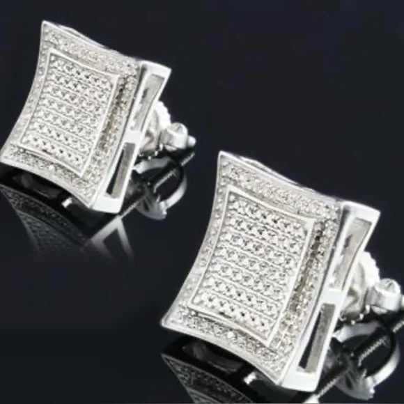 Mens 14K White GoldOver Solid Sterling SilverDiamonds DesignerEarrings